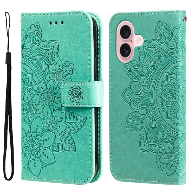 For iPhone 16 7-petal Flowers Embossing Leather Phone Case(Green) - iPhone 16 Cases by buy2fix | Online Shopping UK | buy2fix