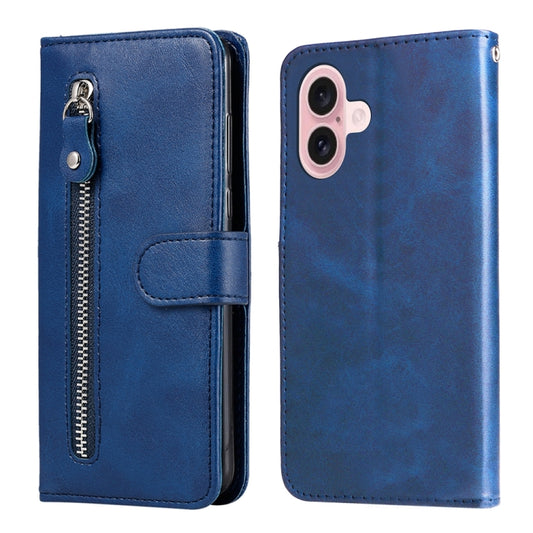 For iPhone 16 Fashion Calf Texture Zipper Leather Phone Case(Blue) - iPhone 16 Cases by buy2fix | Online Shopping UK | buy2fix