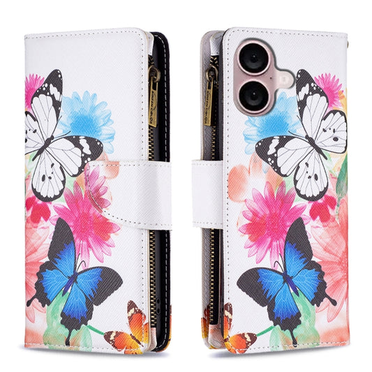 For iPhone 16 Plus Colored Drawing Pattern Zipper Phone Leather Case(Two Butterflies) - iPhone 16 Plus Cases by buy2fix | Online Shopping UK | buy2fix