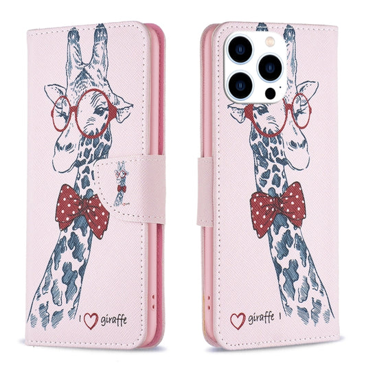 For iPhone 16 Pro Max Colored Drawing Pattern Leather Phone Case(Giraffe) - iPhone 16 Pro Max Cases by buy2fix | Online Shopping UK | buy2fix