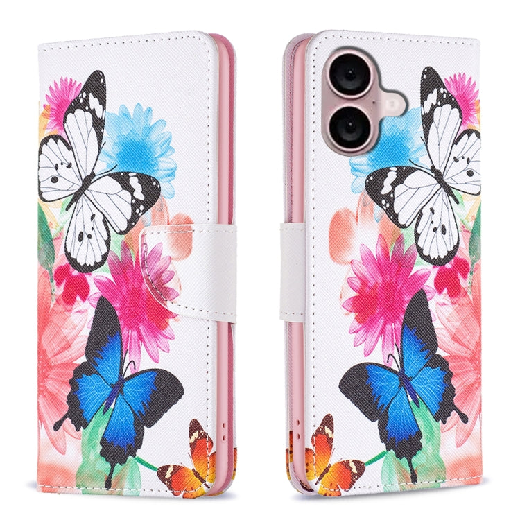 For iPhone 16 Plus Colored Drawing Pattern Leather Phone Case(Butterflies) - iPhone 16 Plus Cases by buy2fix | Online Shopping UK | buy2fix