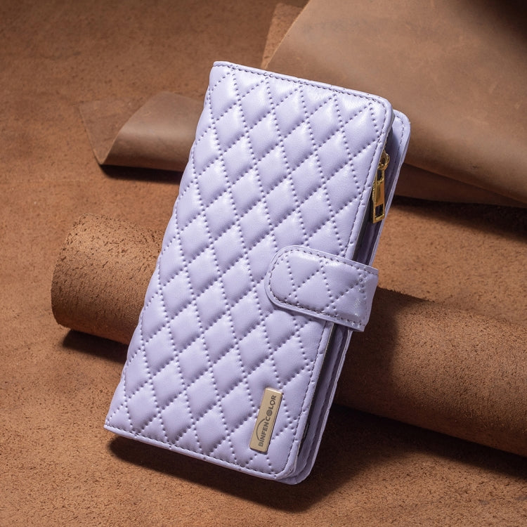 For iPhone 16 Diamond Lattice Zipper Wallet Leather Flip Phone Case(Purple) - iPhone 16 Cases by buy2fix | Online Shopping UK | buy2fix