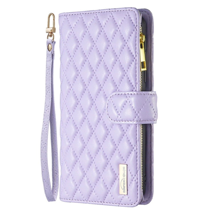 For iPhone 16 Diamond Lattice Zipper Wallet Leather Flip Phone Case(Purple) - iPhone 16 Cases by buy2fix | Online Shopping UK | buy2fix