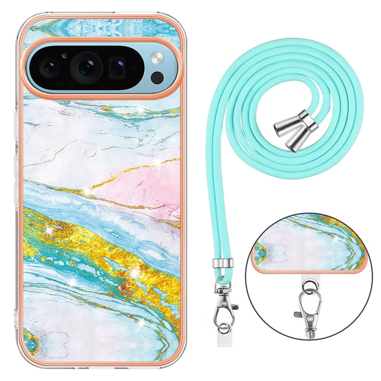 For Google Pixel 9 Pro XL Electroplating Marble Dual-side IMD Phone Case with Lanyard(Green 004) - Google Cases by buy2fix | Online Shopping UK | buy2fix