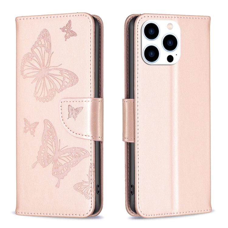 For iPhone 16 Pro Max Embossing Two Butterflies Pattern Leather Phone Case(Rose Gold) - iPhone 16 Pro Max Cases by buy2fix | Online Shopping UK | buy2fix