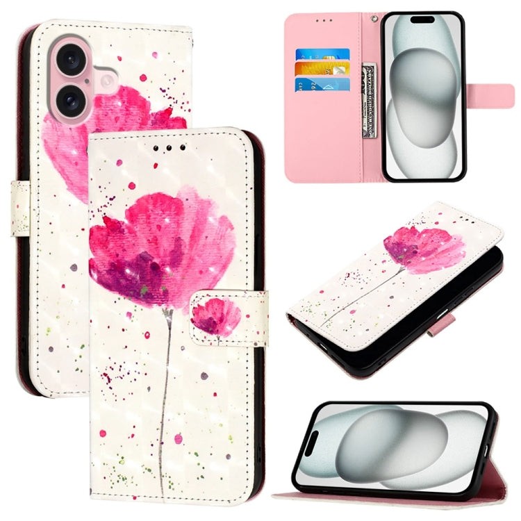 For iPhone 16 3D Painting Horizontal Flip Leather Phone Case(Flower) - iPhone 16 Cases by buy2fix | Online Shopping UK | buy2fix