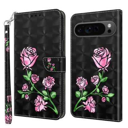 For Google Pixel 9 Pro 3D Painted Pattern Leather Phone Case(Rose) - Google Cases by buy2fix | Online Shopping UK | buy2fix