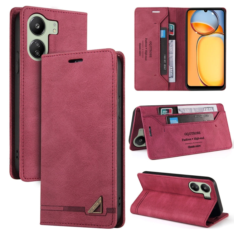 For Xiaomi Redmi 13C Skin Feel Anti-theft Brush Horizontal Flip Leather Case with Holder(Wine Red) - 13C Cases by buy2fix | Online Shopping UK | buy2fix