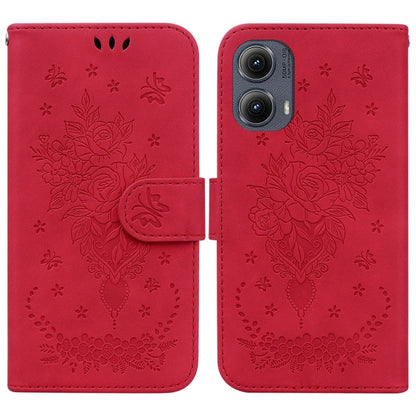 For Motorola Edge 2024 Butterfly Rose Embossed Leather Phone Case(Red) - Motorola Cases by buy2fix | Online Shopping UK | buy2fix