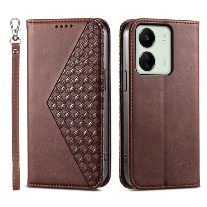 For Xiaomi Redmi 13C Cubic Grid Calf Texture Magnetic Leather Phone Case(Brown) - 13C Cases by buy2fix | Online Shopping UK | buy2fix