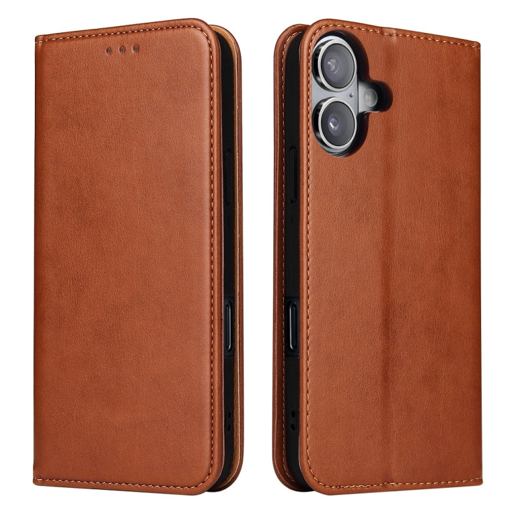 For iPhone 16 Plus Fierre Shann PU Genuine Leather Texture Phone Case(Brown) - iPhone 16 Plus Cases by FIERRE SHANN | Online Shopping UK | buy2fix