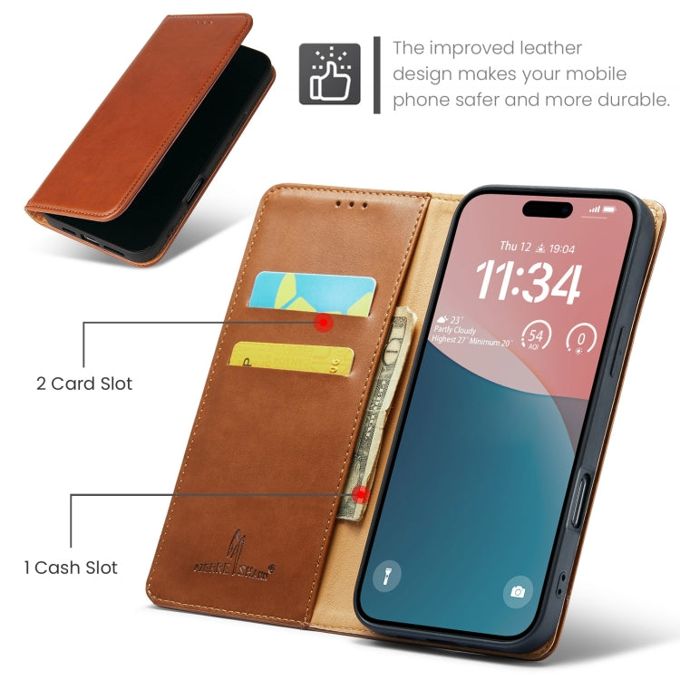 For iPhone 16 Plus Fierre Shann PU Genuine Leather Texture Phone Case(Brown) - iPhone 16 Plus Cases by FIERRE SHANN | Online Shopping UK | buy2fix