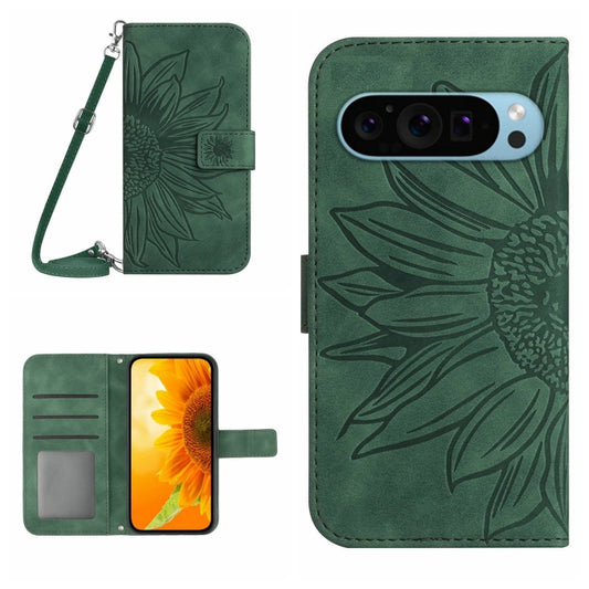 For Google Pixel 9 Pro Skin Feel Sun Flower Embossed Flip Leather Phone Case with Lanyard(Green) - Google Cases by buy2fix | Online Shopping UK | buy2fix