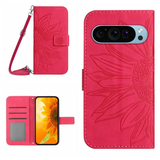 For Google Pixel 9 Pro Skin Feel Sun Flower Embossed Flip Leather Phone Case with Lanyard(Rose Red) - Google Cases by buy2fix | Online Shopping UK | buy2fix