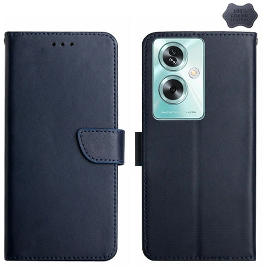 For OPPO Reno11 F 5G/F25 Pro 5G HT02 Genuine Leather Fingerprint-proof Flip Phone Case(Blue) - Reno11 F Cases by buy2fix | Online Shopping UK | buy2fix