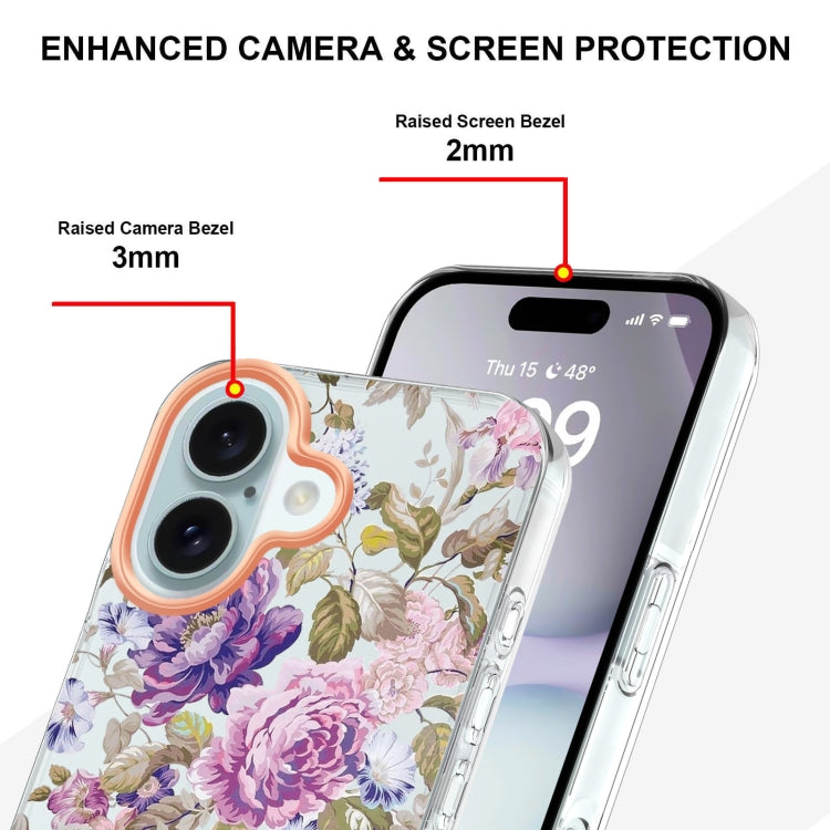 For iPhone 16 Flowers and Plants Series IMD TPU Phone Case(Purple Peony) - iPhone 16 Cases by buy2fix | Online Shopping UK | buy2fix