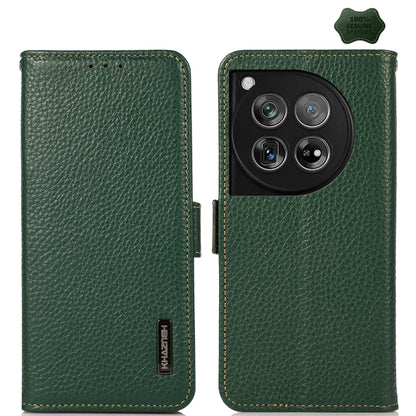 For OnePlus 12 KHAZNEH Side-Magnetic Litchi Genuine Leather RFID Phone Case(Green) - OnePlus Cases by buy2fix | Online Shopping UK | buy2fix