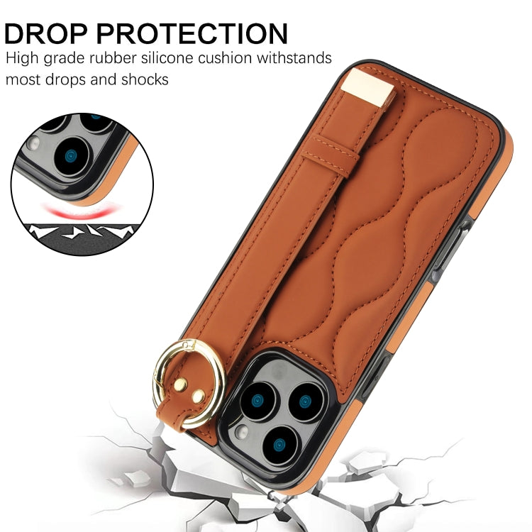 For iPhone 16 Pro Max Non-slip Full Coverage Ring PU Phone Case with Wristband(Brown) - iPhone 16 Pro Max Cases by buy2fix | Online Shopping UK | buy2fix