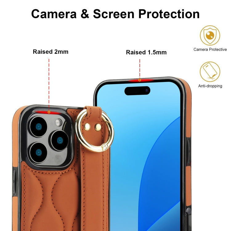 For iPhone 16 Pro Max Non-slip Full Coverage Ring PU Phone Case with Wristband(Brown) - iPhone 16 Pro Max Cases by buy2fix | Online Shopping UK | buy2fix