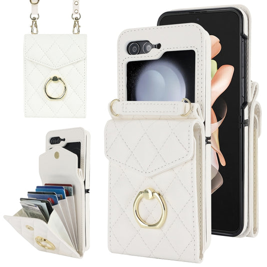 For Samsung Galaxy Z Flip6 Diamond Lattice RFID Card Slot Phone Case with Ring Holder(White) - Galaxy Z Flip6 5G Cases by buy2fix | Online Shopping UK | buy2fix