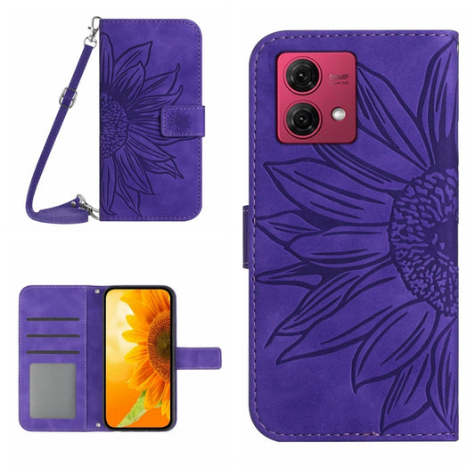 For Motorola Edge 40 Neo HT04 Skin Feel Sun Flower Embossed Flip Leather Phone Case with Lanyard(Dark Purple) - Motorola Cases by buy2fix | Online Shopping UK | buy2fix