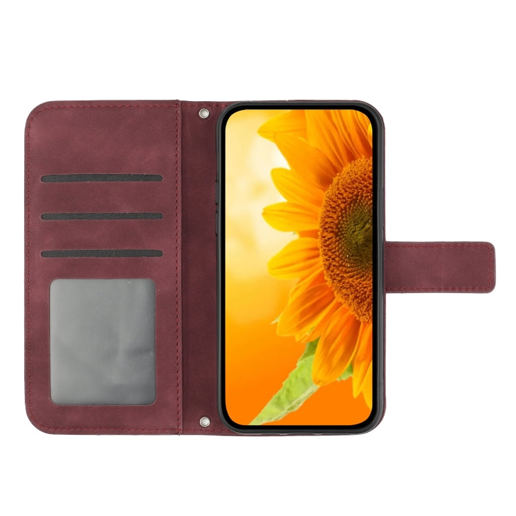 For Motorola Moto G Play 5G 2024 HT04 Skin Feel Sun Flower Embossed Flip Leather Phone Case with Lanyard(Wine Red) - Motorola Cases by buy2fix | Online Shopping UK | buy2fix