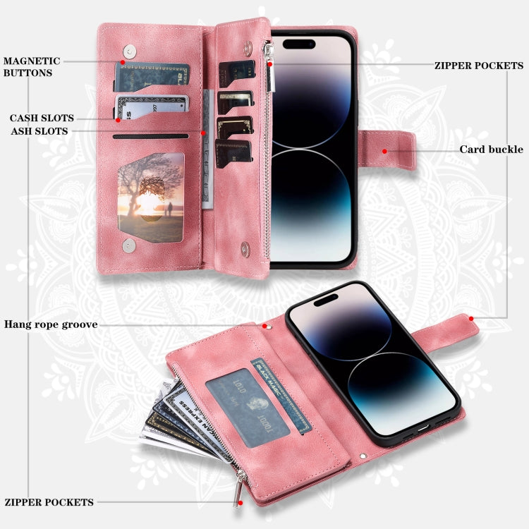 For iPhone 16 Pro Multi-Card Totem Zipper Leather Phone Case(Pink) - iPhone 16 Pro Cases by buy2fix | Online Shopping UK | buy2fix