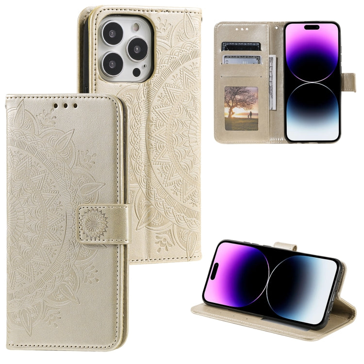 For iPhone 16 Pro Max Totem Flower Embossed Leather Phone Case(Gold) - iPhone 16 Pro Max Cases by buy2fix | Online Shopping UK | buy2fix