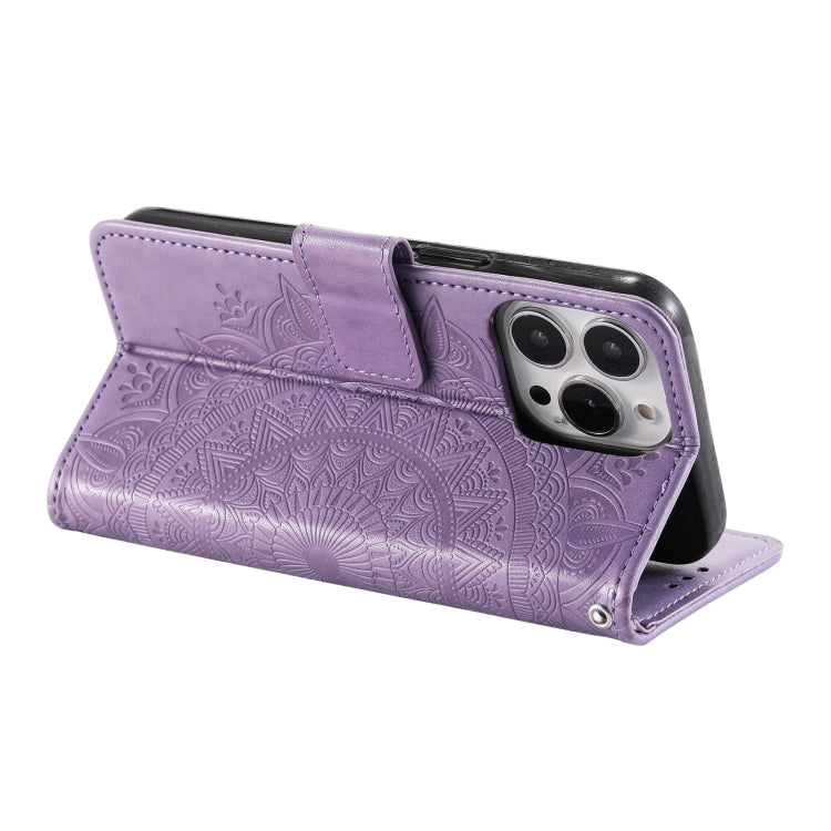 For iPhone 16 Pro Max Totem Flower Embossed Leather Phone Case(Purple) - iPhone 16 Pro Max Cases by buy2fix | Online Shopping UK | buy2fix