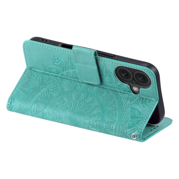 For iPhone 16 Totem Flower Embossed Leather Phone Case(Green) - iPhone 16 Cases by buy2fix | Online Shopping UK | buy2fix