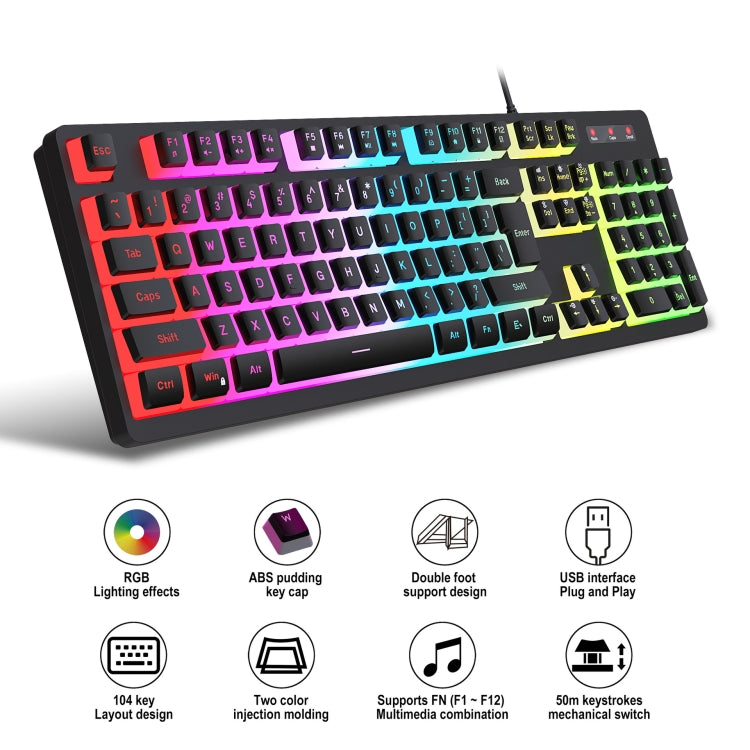 HXSJ L200+X100 Wired RGB Backlit Keyboard and Mouse Set 104 Pudding Key Caps + 3600DPI Mouse(Black) - Wired Keyboard by HXSJ | Online Shopping UK | buy2fix