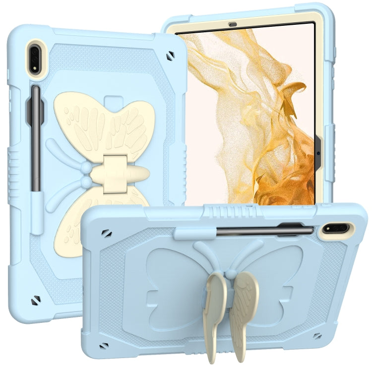 For Samsung Galaxy Tab S9 Butterfly Kickstand Heavy Duty Hard Rugged Tablet Case(Beige+Ice Blue) - Galaxy Tab S9 Cases by buy2fix | Online Shopping UK | buy2fix