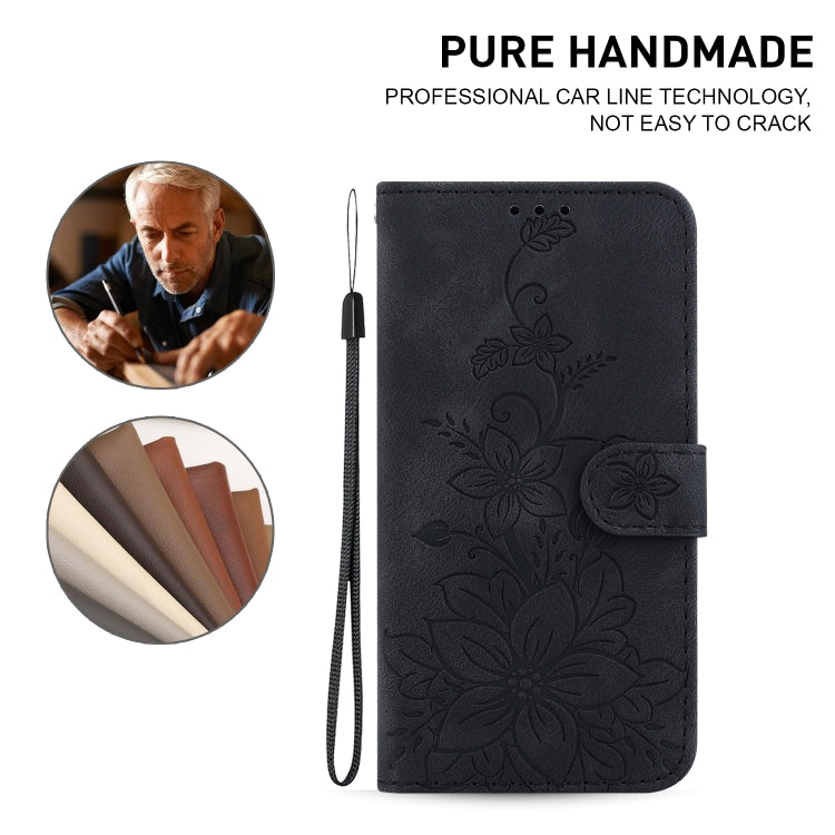 For iPhone 16 Lily Embossed Leather Phone Case(Black) - iPhone 16 Cases by buy2fix | Online Shopping UK | buy2fix