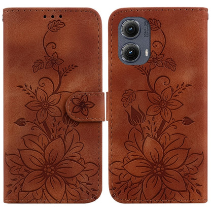 For Motorola Edge 2024 Lily Embossed Leather Phone Case(Brown) - Motorola Cases by buy2fix | Online Shopping UK | buy2fix