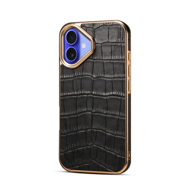 For iPhone 16 Denior Crocodile Texture Genuine Leather Electroplating Phone Case(Black) - More iPhone Cases by Denior | Online Shopping UK | buy2fix