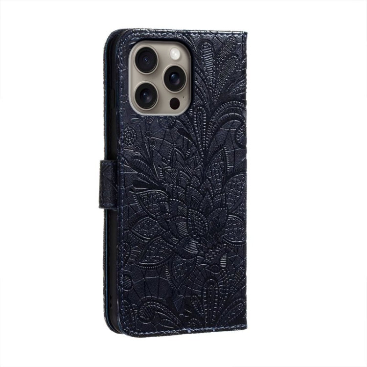 For iPhone 16 Pro Max Lace Flower Embossing Flip Leather Phone Case(Dark Blue) - iPhone 16 Pro Max Cases by buy2fix | Online Shopping UK | buy2fix