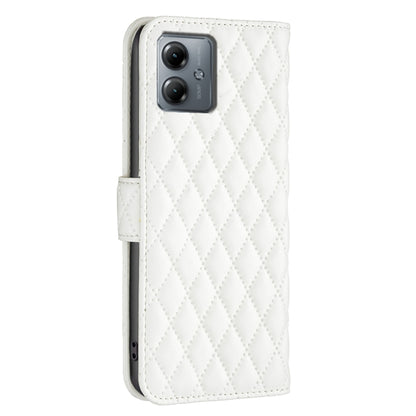 For Motorola Moto G14 4G Diamond Lattice Wallet Flip Leather Phone Case(White) - Motorola Cases by buy2fix | Online Shopping UK | buy2fix