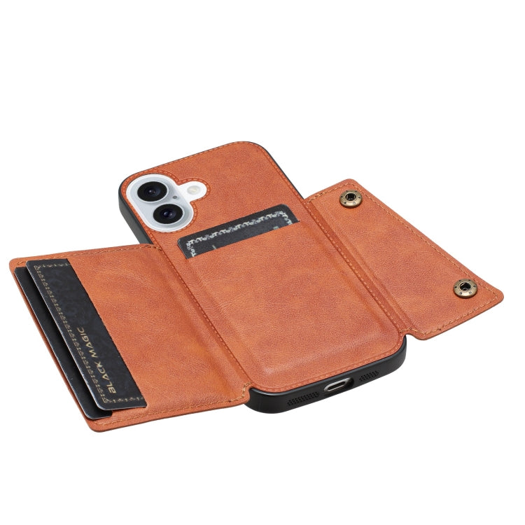 For iPhone 16 Double Buckle Card Slots PU + TPU Phone Case(Brown) - iPhone 16 Cases by buy2fix | Online Shopping UK | buy2fix