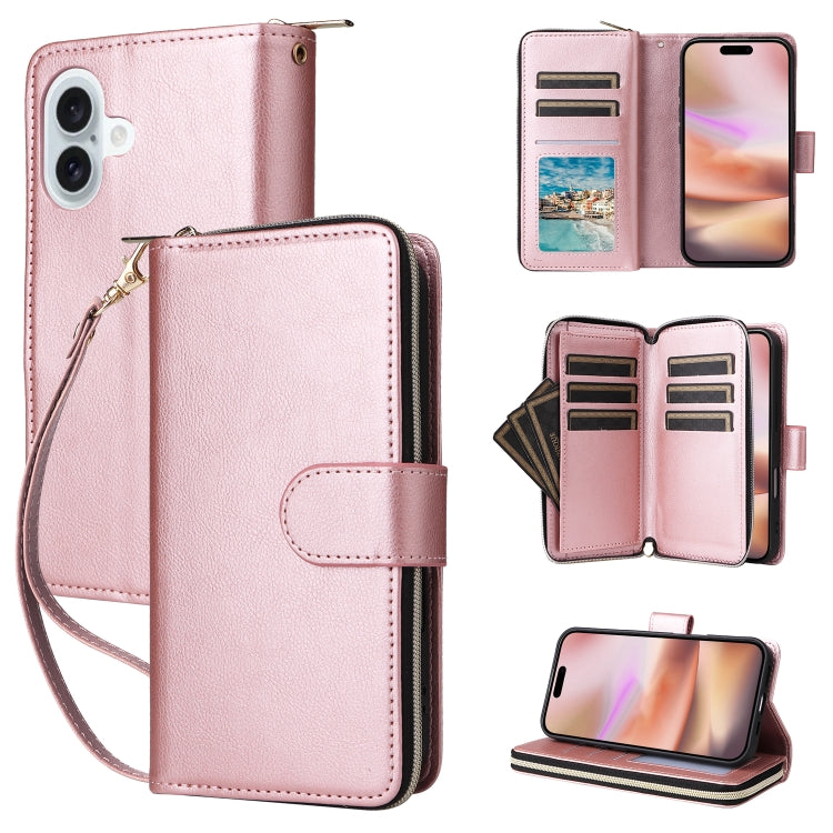 For iPhone 16 Plus 9 Card Slots Zipper Wallet Bag Leather Phone Case(Rose Gold) - iPhone 16 Plus Cases by buy2fix | Online Shopping UK | buy2fix