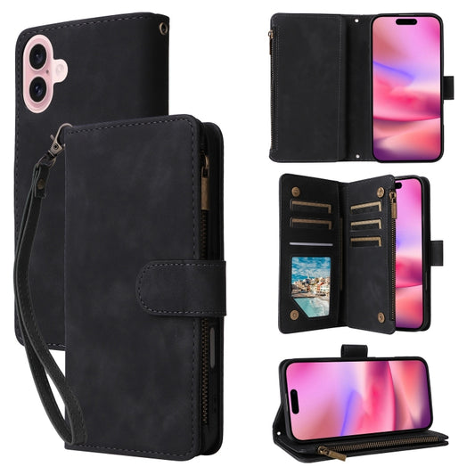 For iPhone 16 Crossbody Multi-card Slot Wallet Zipper Leather Phone Case(Black) - iPhone 16 Cases by buy2fix | Online Shopping UK | buy2fix