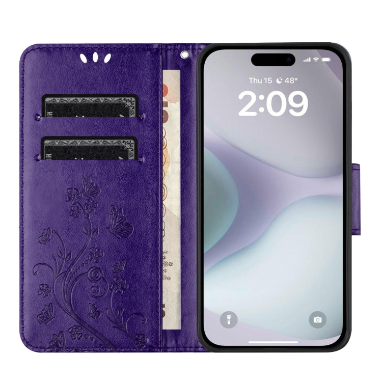 For iPhone 16 Butterfly Flower Pattern Flip Leather Phone Case(Dark Purple) - iPhone 16 Cases by buy2fix | Online Shopping UK | buy2fix