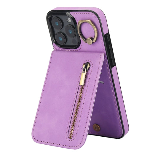 For iPhone 16 Pro Max Retro Ring and Zipper RFID Card Slot Phone Case(Purple) - iPhone 16 Pro Max Cases by buy2fix | Online Shopping UK | buy2fix