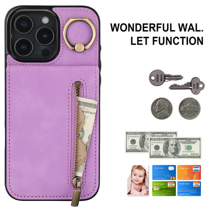 For iPhone 16 Pro Retro Ring and Zipper RFID Card Slot Phone Case(Purple) - iPhone 16 Pro Cases by buy2fix | Online Shopping UK | buy2fix