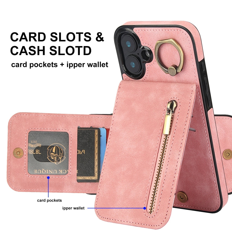 For iPhone 16 Plus Retro Ring and Zipper RFID Card Slot Phone Case(Pink) - iPhone 16 Plus Cases by buy2fix | Online Shopping UK | buy2fix