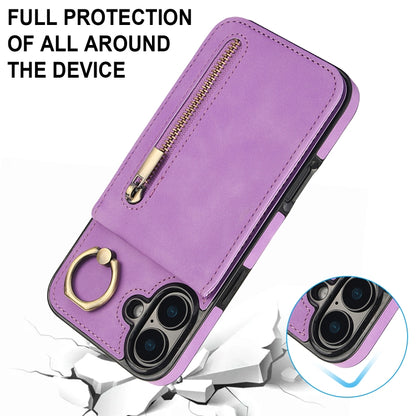 For iPhone 16 Plus Retro Ring and Zipper RFID Card Slot Phone Case(Purple) - iPhone 16 Plus Cases by buy2fix | Online Shopping UK | buy2fix