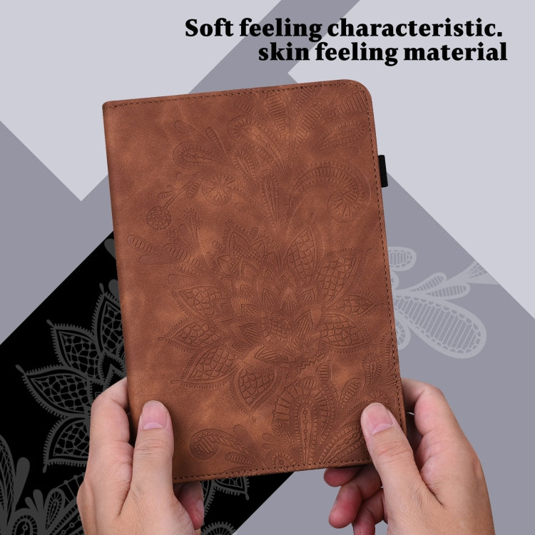 For Samsung Galaxy Tab S9 Lace Flower Embossing Pattern PU Tablet Case(Brown) - Galaxy Tab S9 Cases by buy2fix | Online Shopping UK | buy2fix