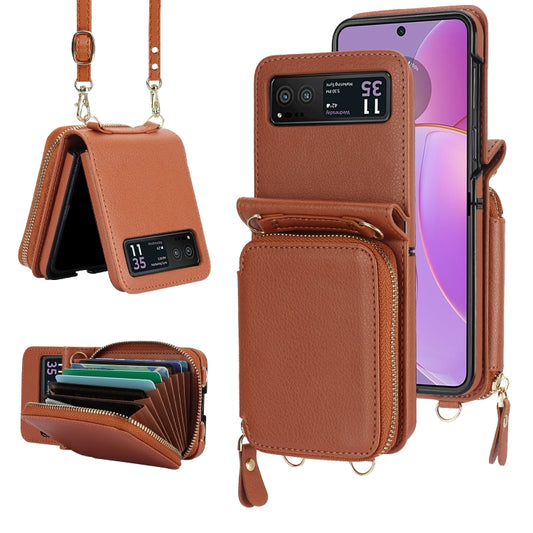 For Motorola Razr 40 Long and Short Lanyard Zipper Card Slot Foldable Phone Case(Brown) - Motorola Cases by buy2fix | Online Shopping UK | buy2fix