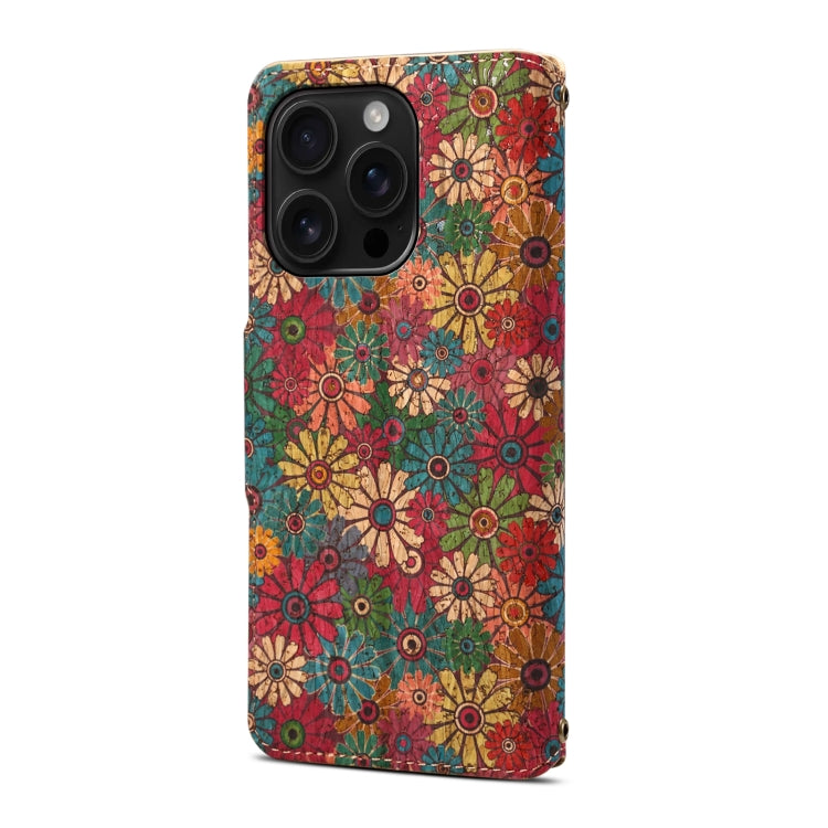 For iPhone 16 Pro Denior Flower Language Series Cork Fabric Oil Edge Leather Phone Case(Spring) - iPhone 16 Pro Cases by Denior | Online Shopping UK | buy2fix