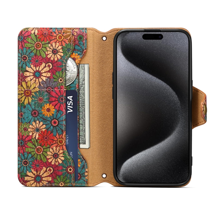 For iPhone 16 Pro Max Denior Flower Language Series Cork Fabric Oil Edge Leather Phone Case(Spring) - iPhone 16 Pro Max Cases by Denior | Online Shopping UK | buy2fix