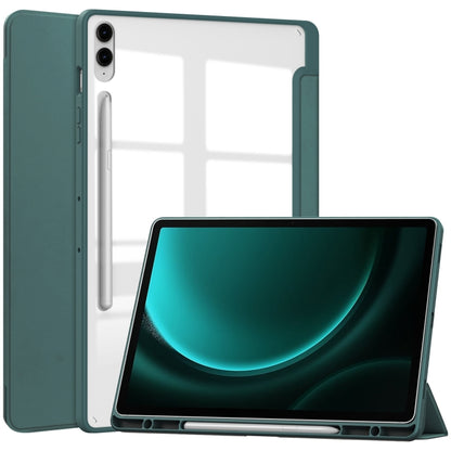 For Samsung Galaxy Tab S9 FE+ Acrylic 3-folding Smart Leather Tablet Case with Pen Slot(Dark Green) - Galaxy Tab S9 FE+ by buy2fix | Online Shopping UK | buy2fix